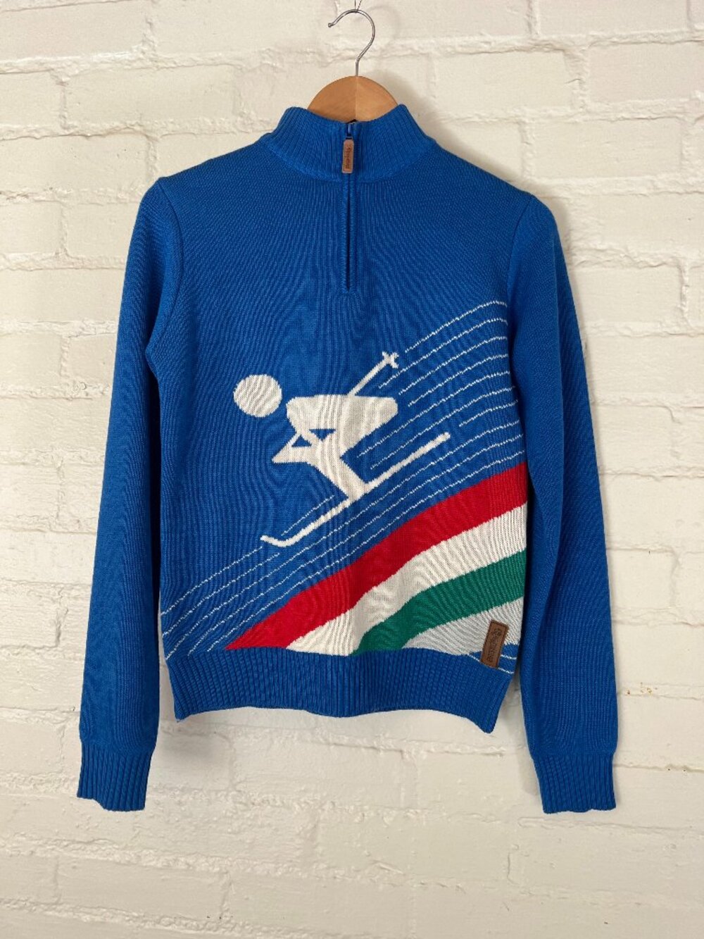 Tipsy Elves Retro Ski Sweater Quarter Zip Skier Graphic Blue Size S Apres Ski
